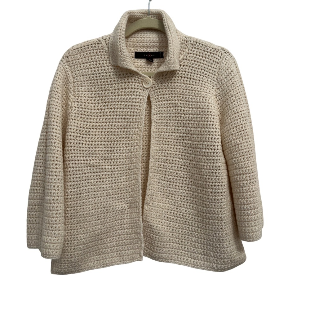 Fever Petite Crochet Cardigan Cream Wool Blend One Button Boho Granola Girl PM